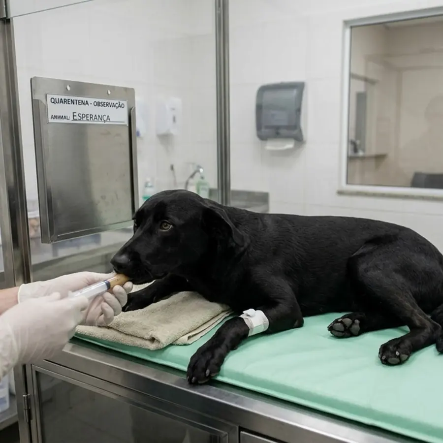 Cão em quarentena recebendo medicação na clínica